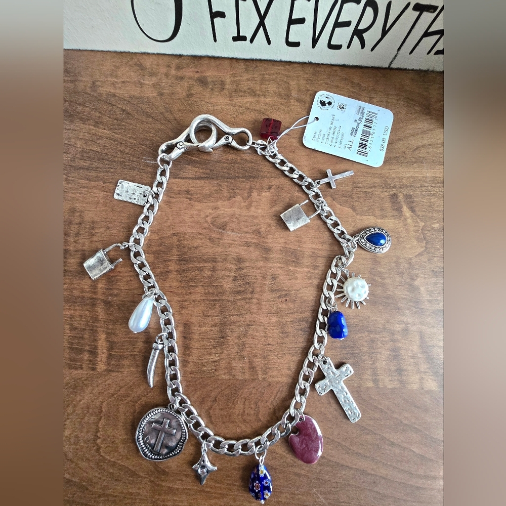 Free People Silver Charm Necklace with Blue, Pearl & Red Accents